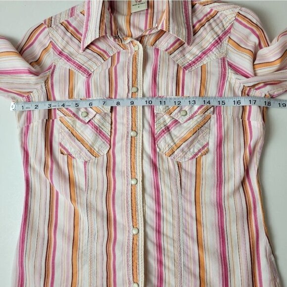 TRUE religion snap pearl button down shirt stripes pink orange western S - Picture 9 of 12